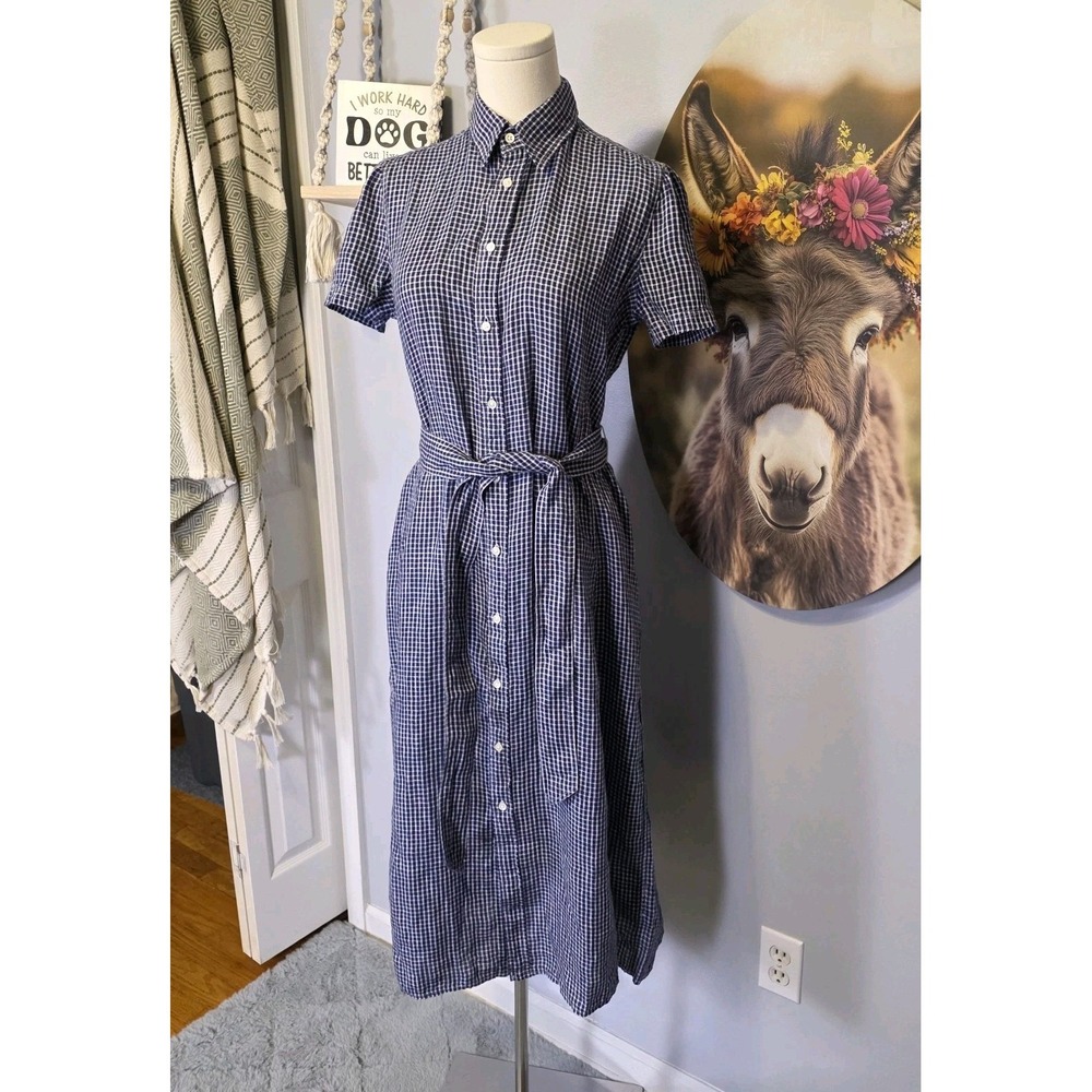 Polo Ralph Lauren Belted Plaid Linen Shirt Dress Size 4 Short Sleeve Blue Picnic